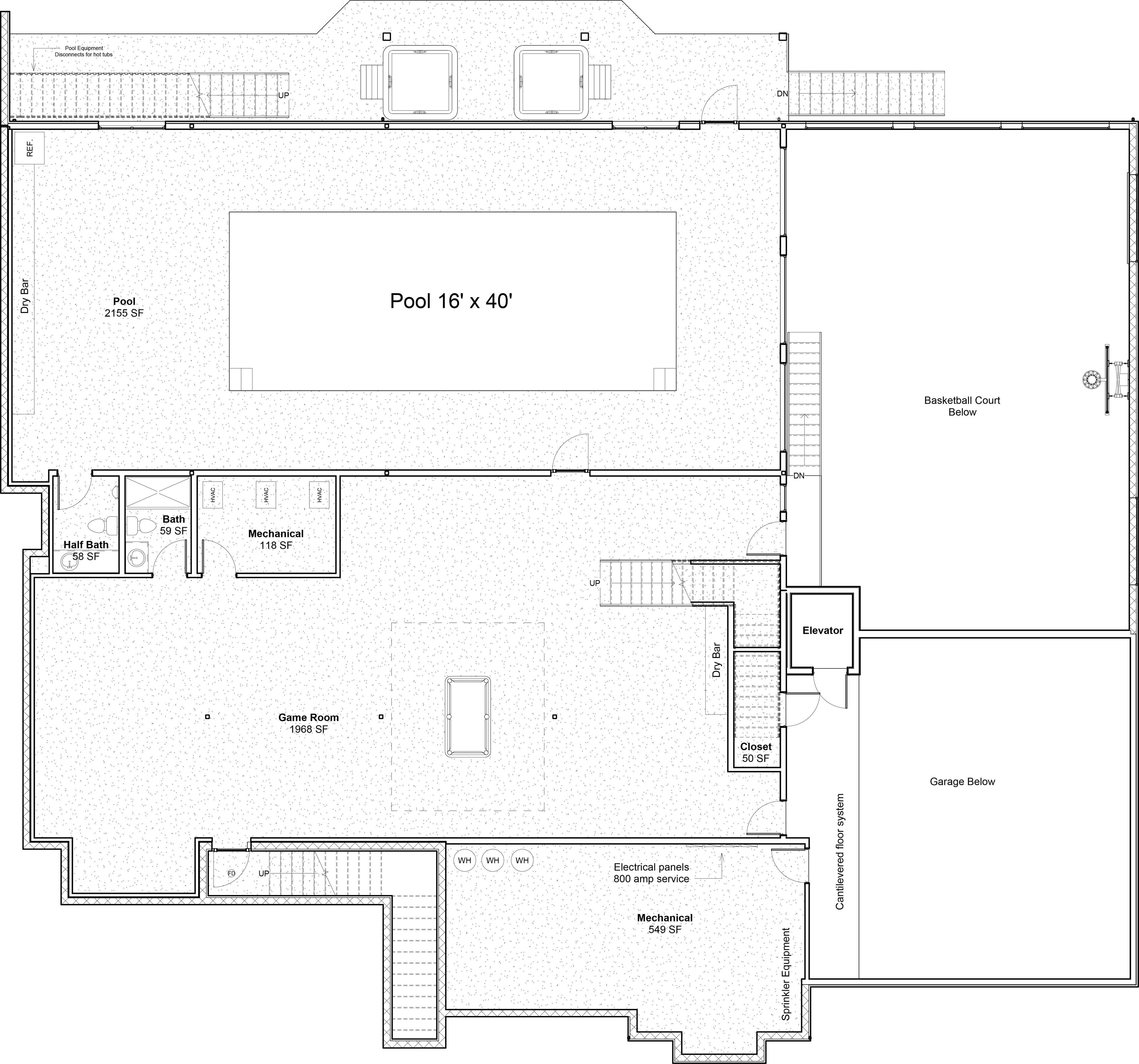 Excalibur in the Smokies — lower level floor plan showing pool, game room, elevator, and garage