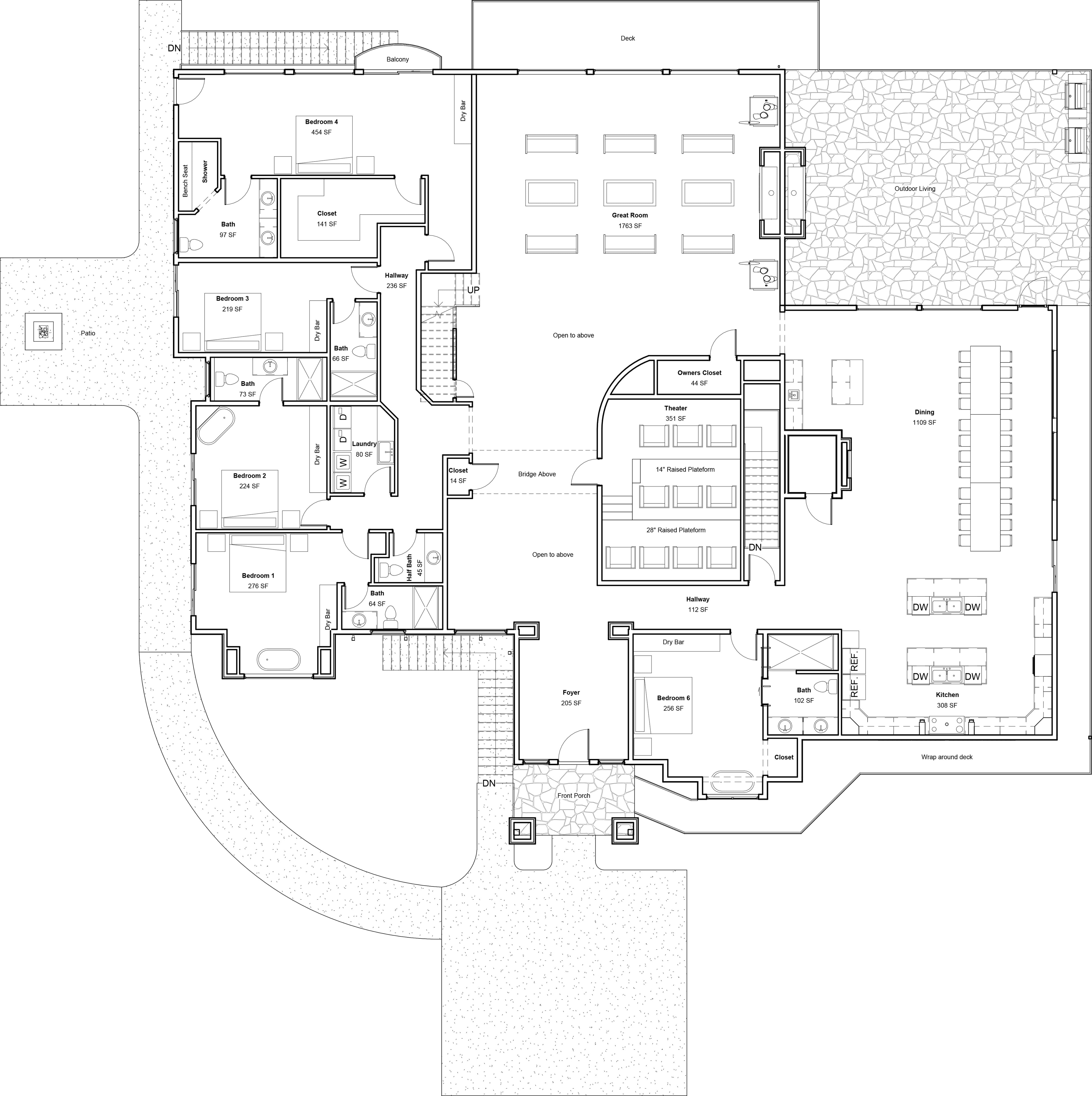Excalibur in the Smokies — main level floor plan showing great room, dining, kitchen, theater, and 4 bedrooms
