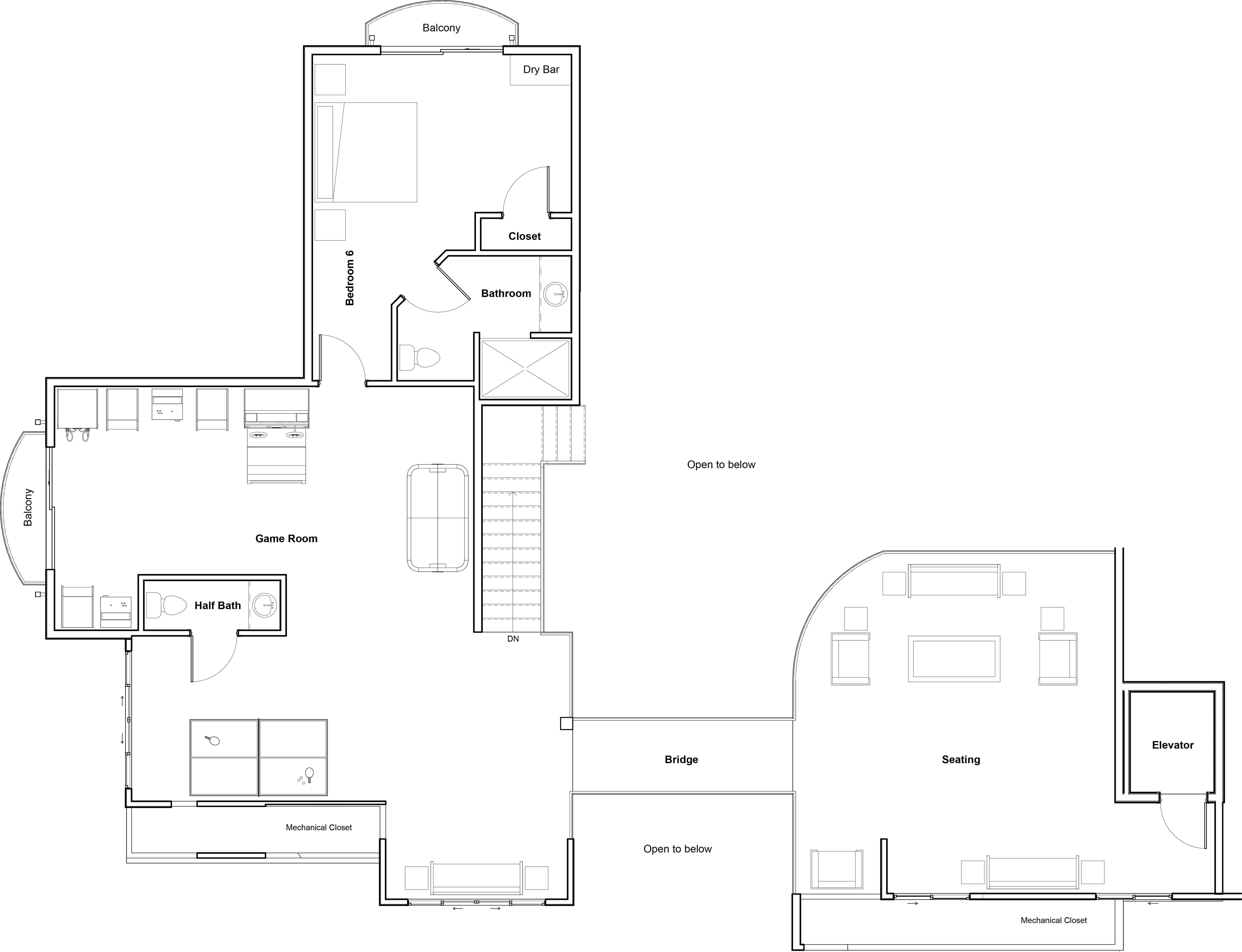 Excalibur in the Smokies — upper level floor plan showing game room, bedroom 6, bridge, seating, and elevator
