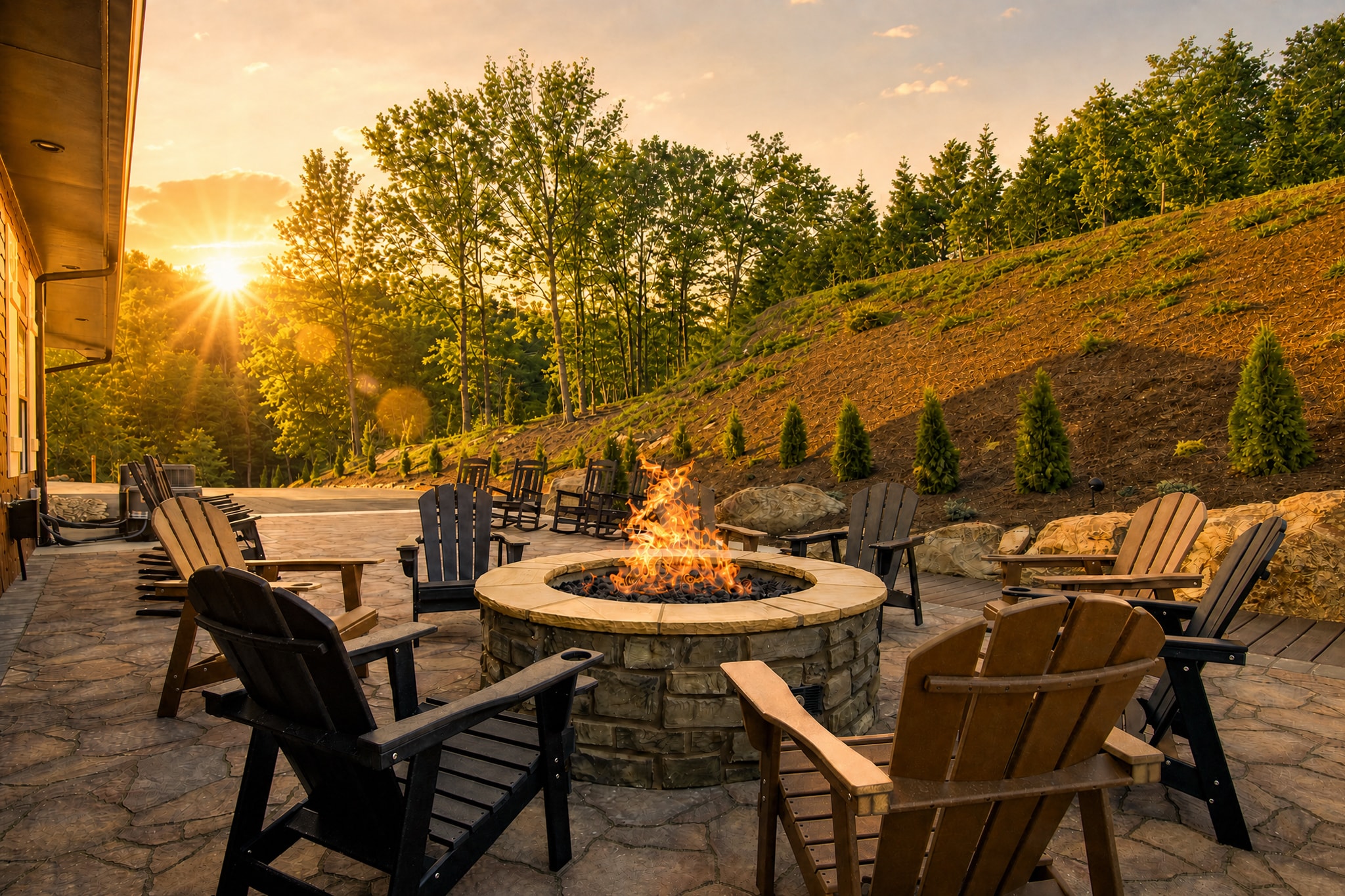 Excalibur stone fire pit surrounded by Adirondack chairs at golden sunset with mountain hillside