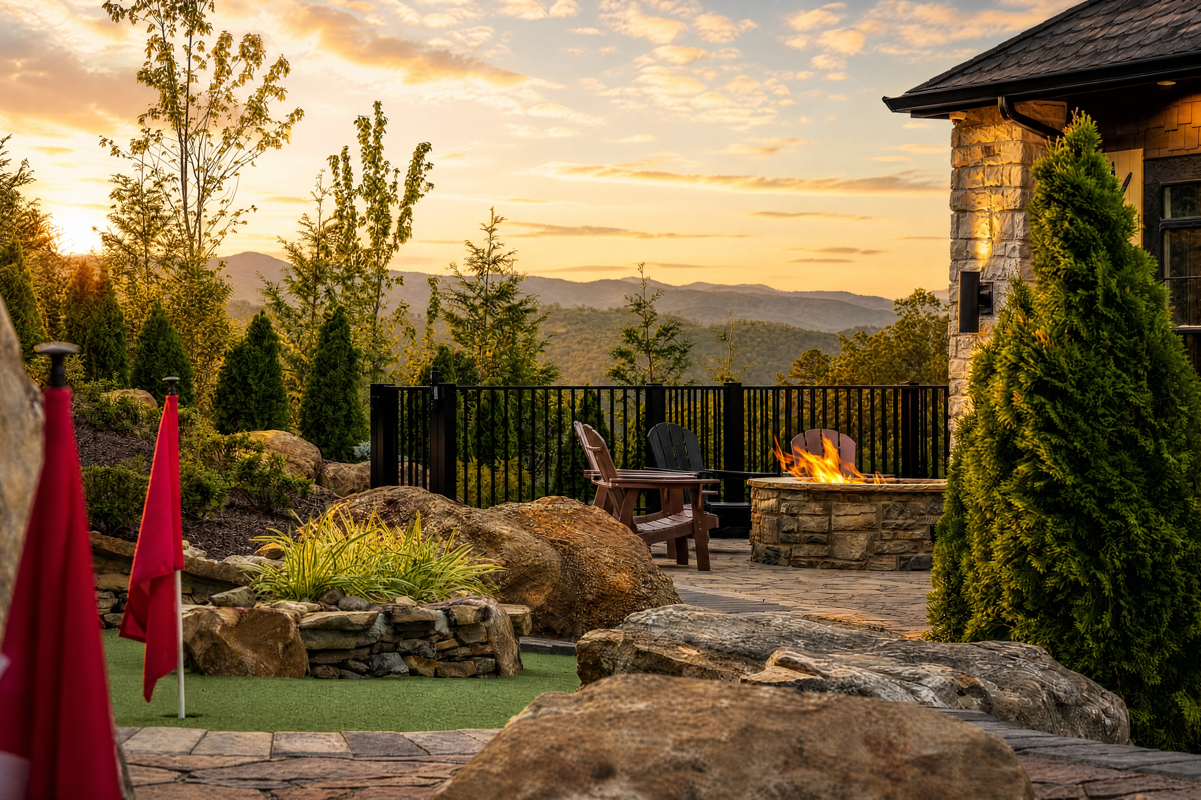 Excalibur mountain patio fire pit at golden hour with Adirondack chairs and hillside views