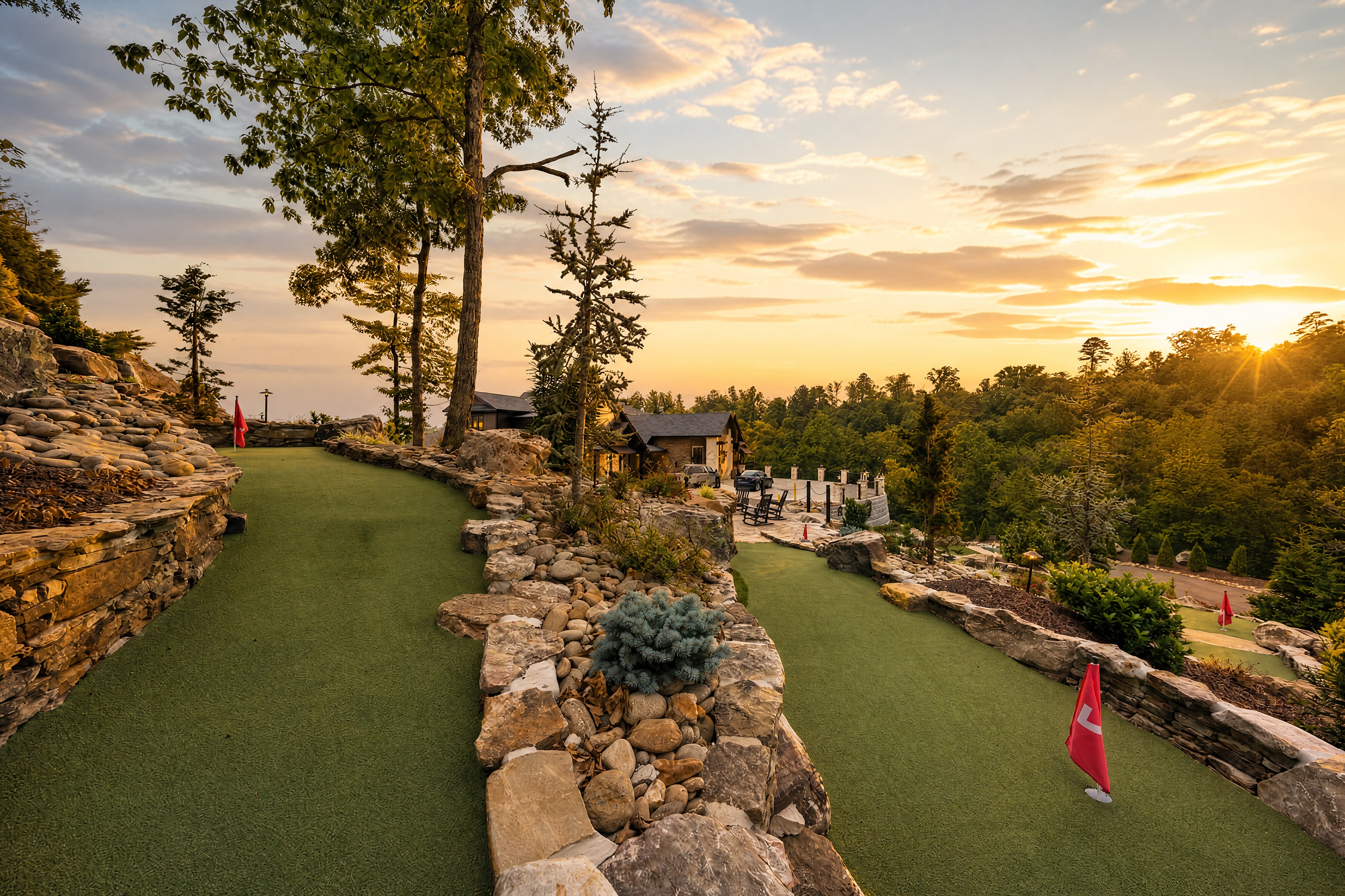 Children playing putt-putt golf at Excalibur Lodge natural stone course