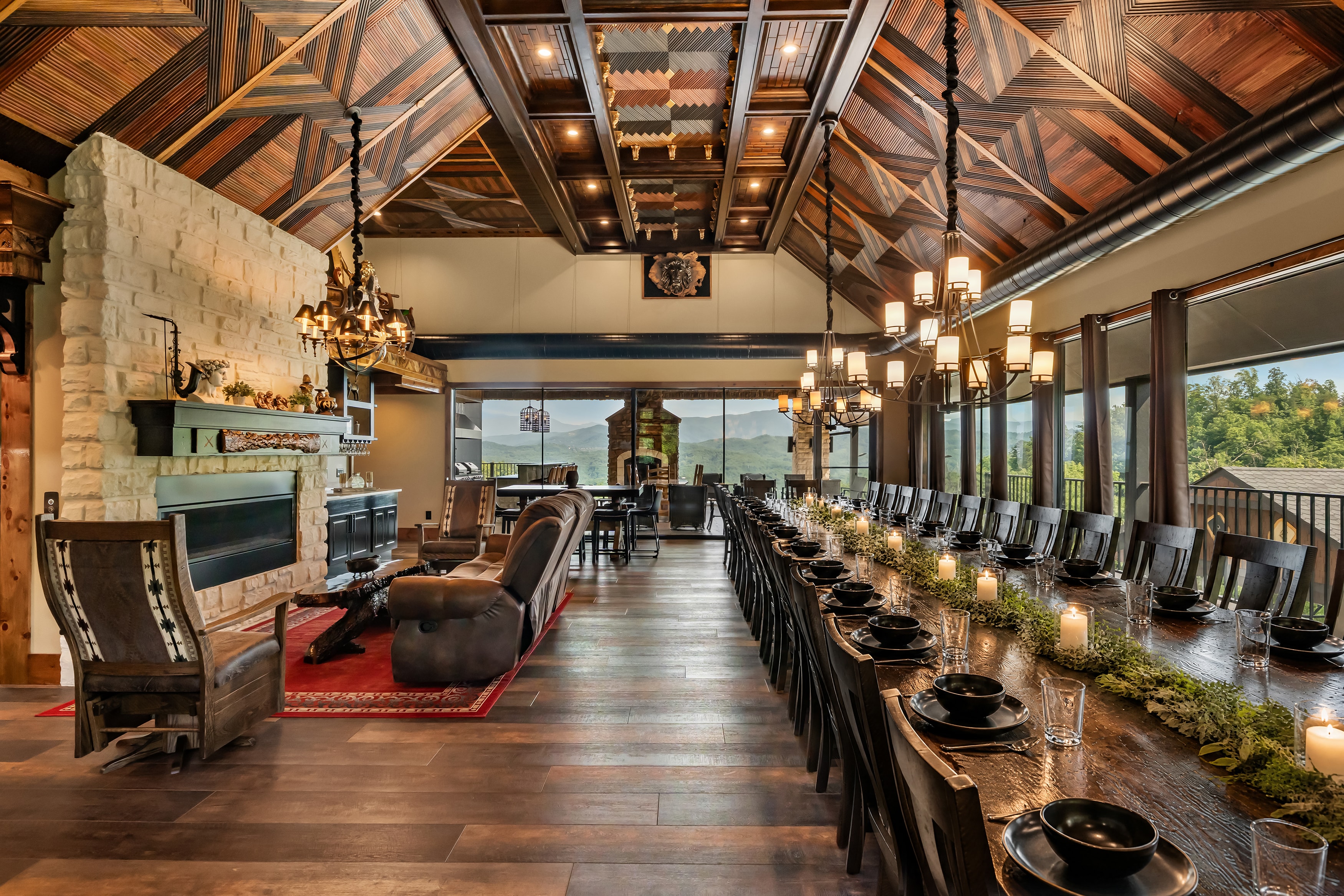 Excalibur dining room staged with long table set for large group gathering