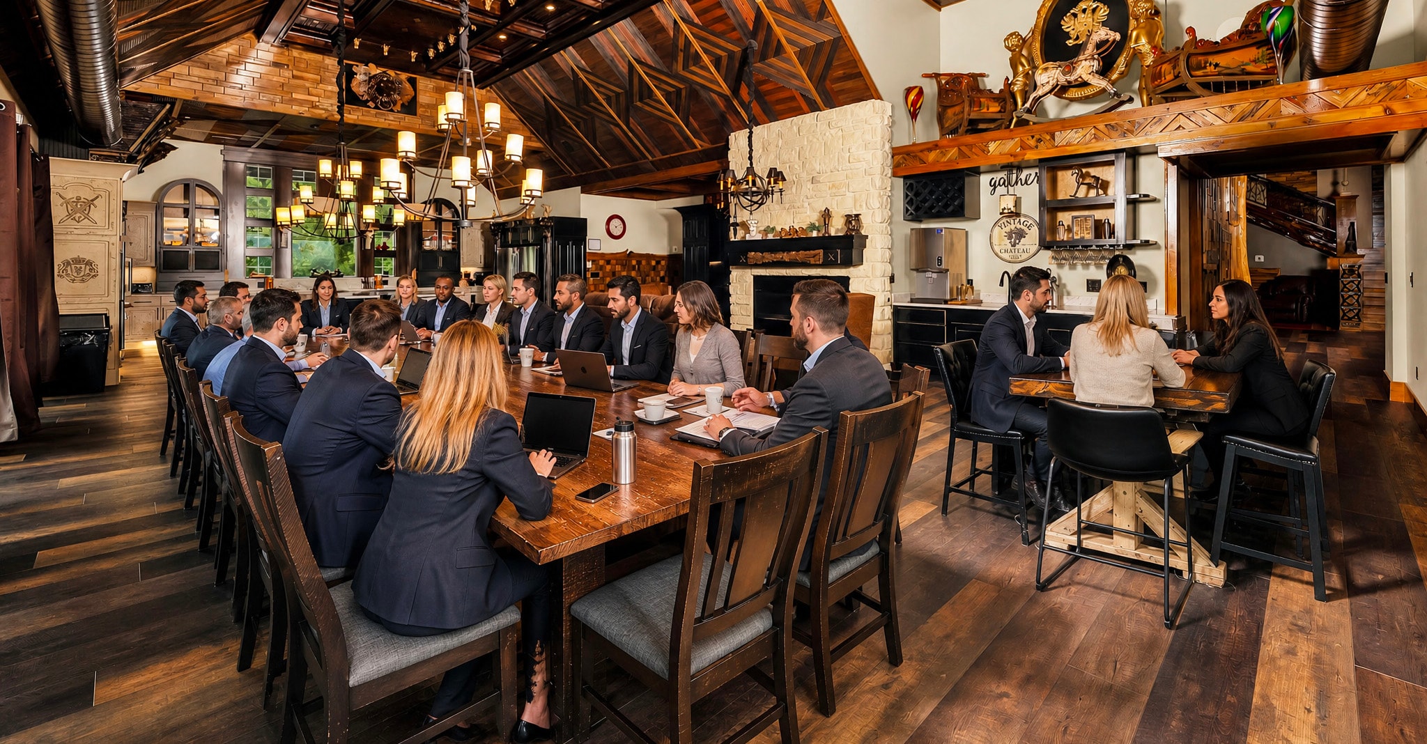 Corporate team gathered around long dining table geometric wood ceiling stone fireplace lodge