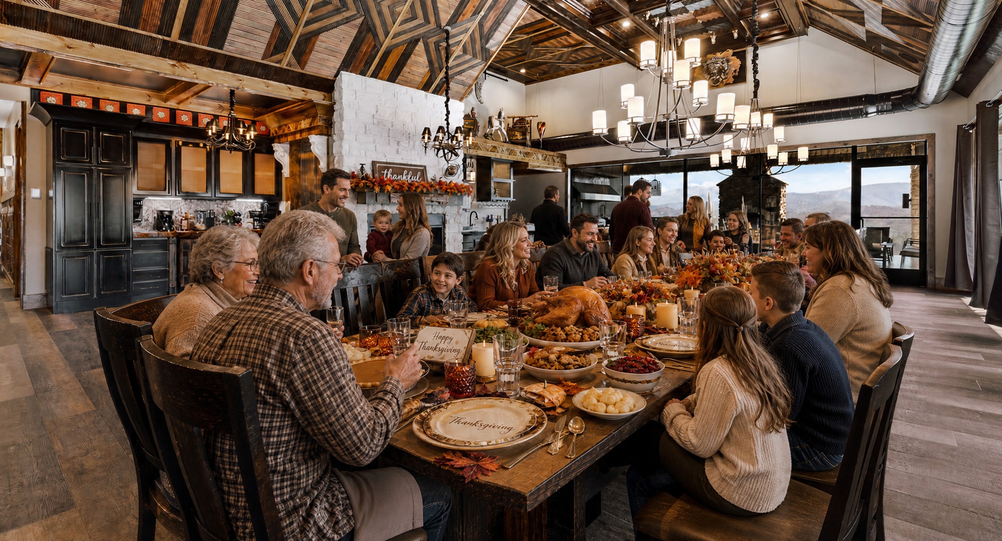 Multi-generational family Thanksgiving feast long table turkey spread mountain view windows
