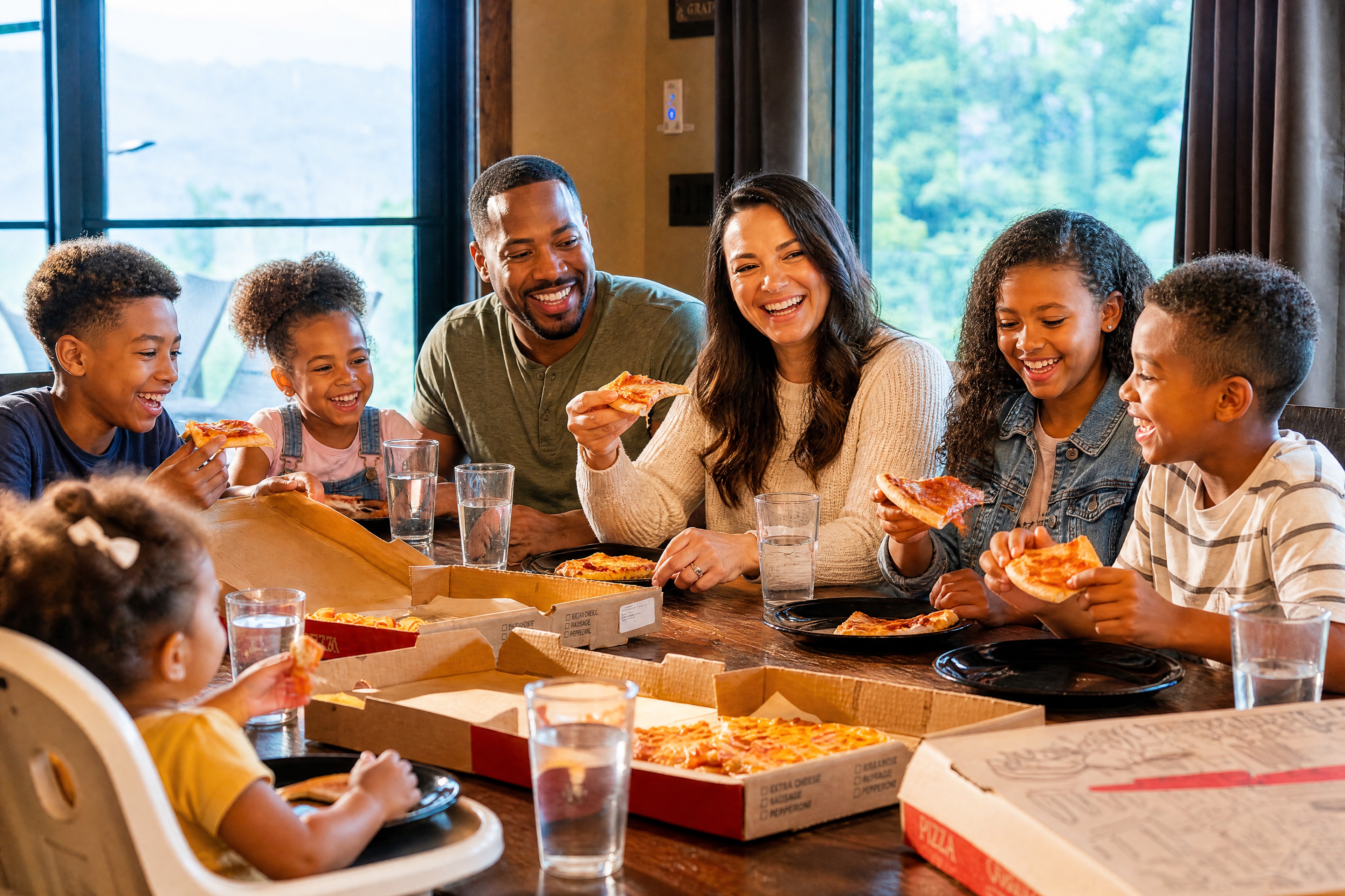 Family enjoying pizza night together at Excalibur lodge mountain view windows