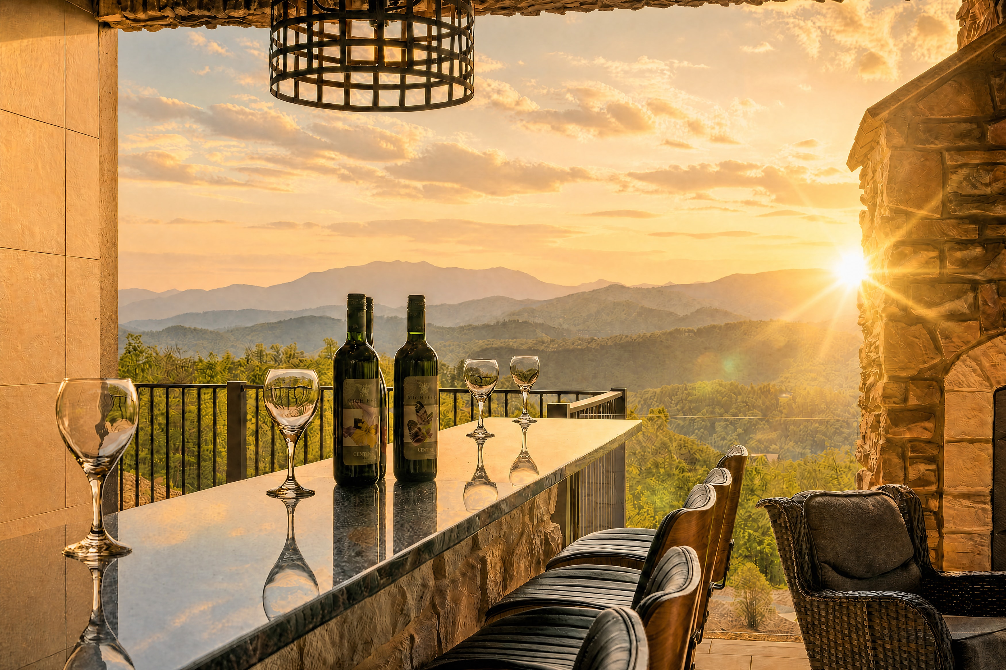 Excalibur covered outdoor terrace bar with wine bottles and panoramic Smoky Mountain sunset view