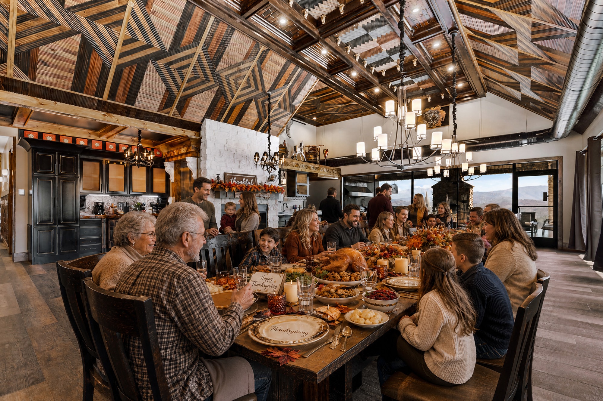 Excalibur full Thanksgiving feast large family gathering geometric wood ceiling mountain view