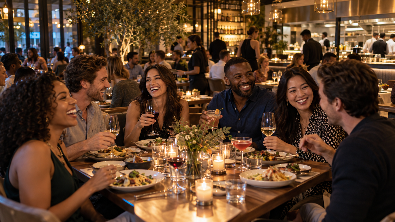 Large group dining together upscale restaurant warm candlelit atmosphere