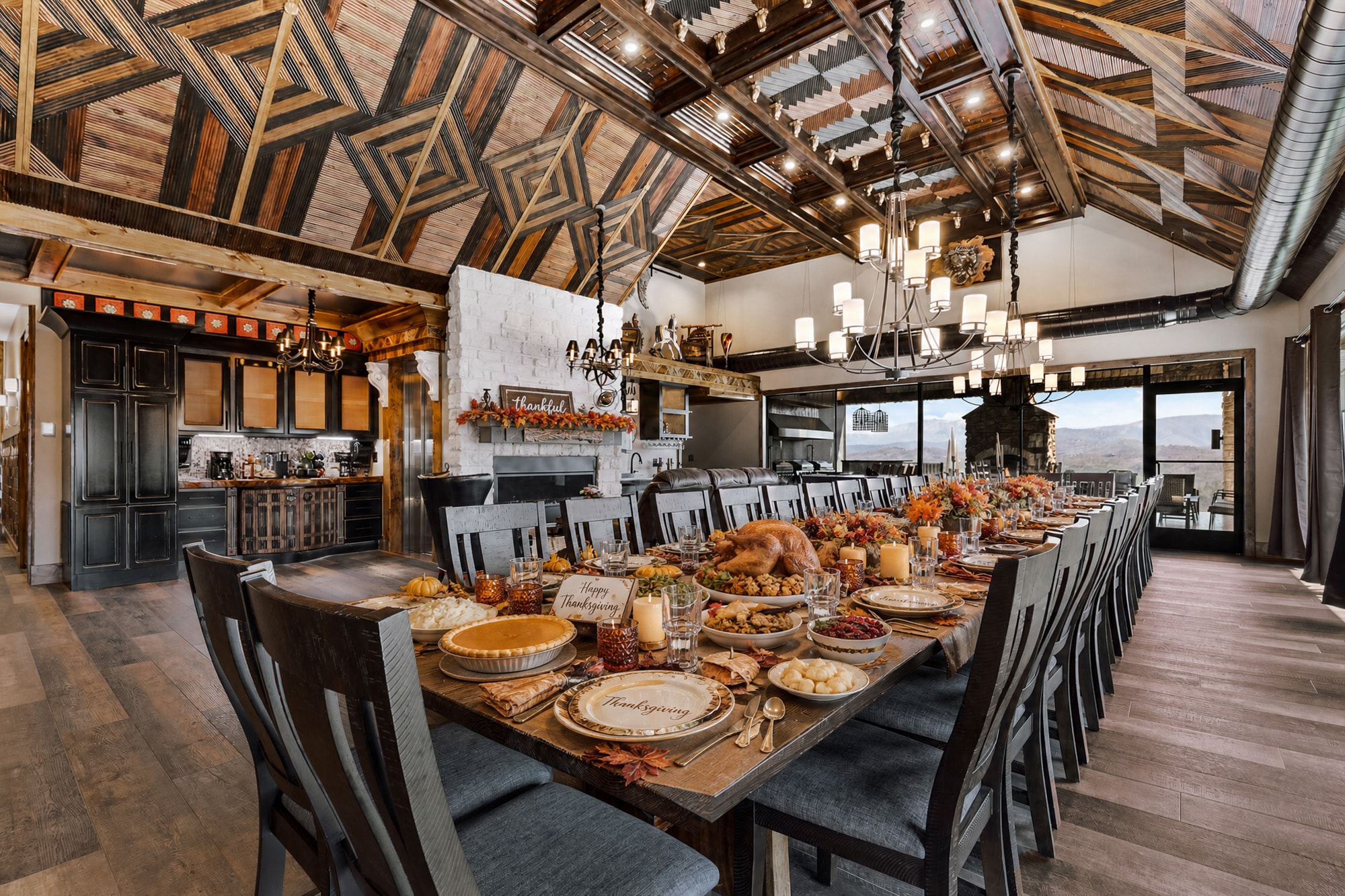 Excalibur Thanksgiving feast long dining table turkey spread mountain view Smoky Mountains lodge