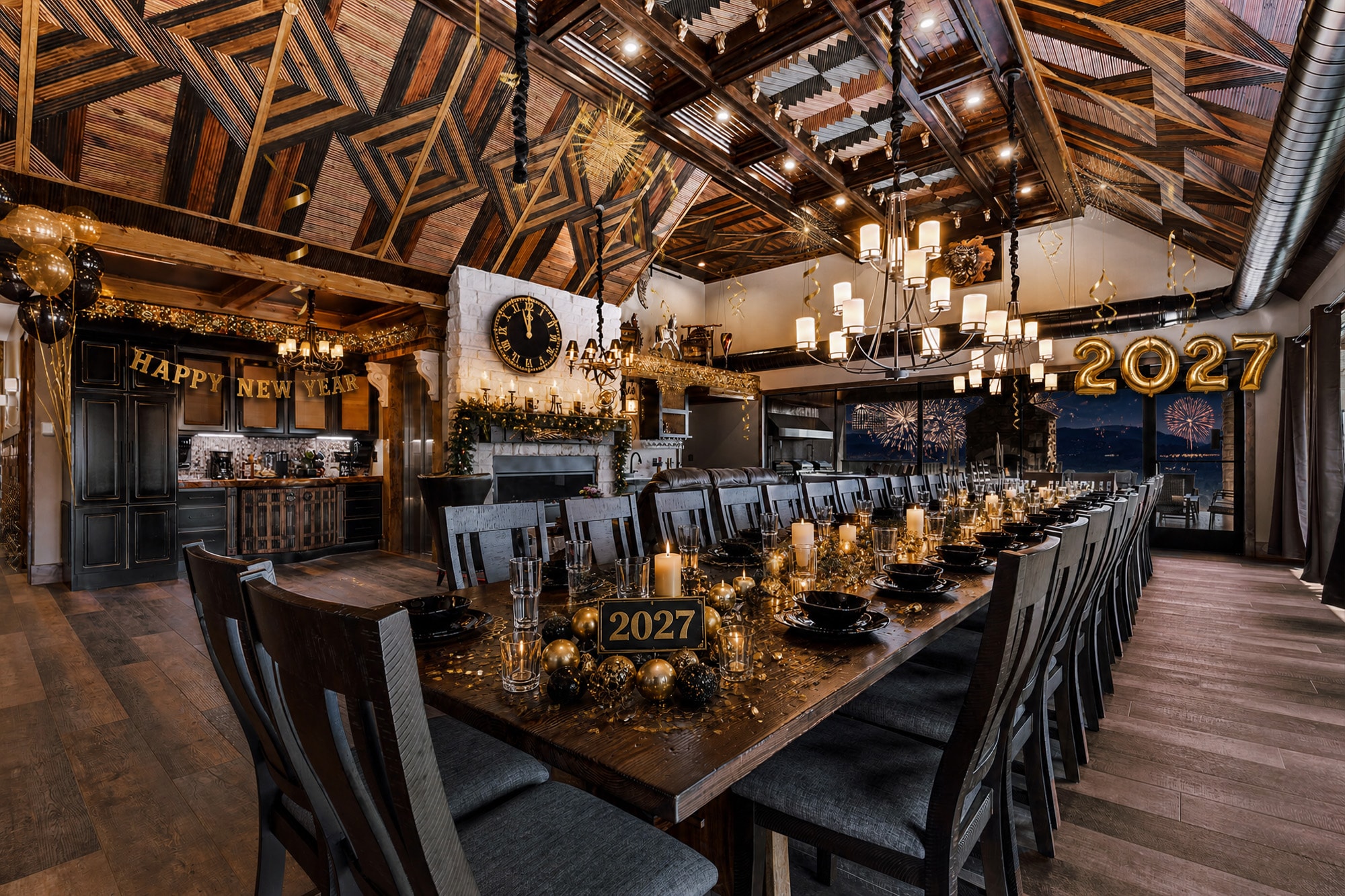 Excalibur New Year's Eve dining room gold black decor fireworks view geometric wood ceiling